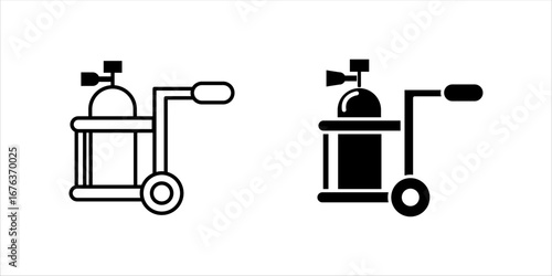 Oxygen tank or oxygen storage vessel in telescopic handle foldable trolley cart on wheels vector icon design. For medical breathing, therapy in hospital and welding, cutting work in construction site.