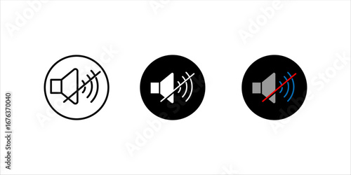 No sound and speaker icon sign set. Volume, up, down, sound, ring, vibrate, silent, mute, media, notification, audio, music, logo, symbol, label, flat, black, line icons. Vector illustration

