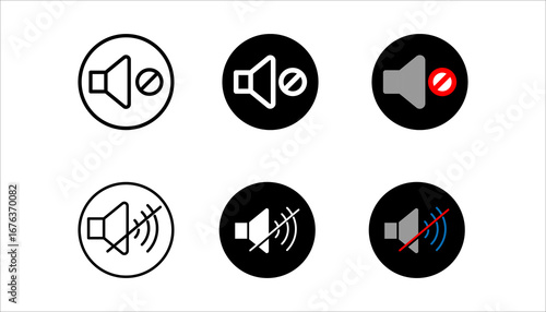 Speaker icon set. Volume, up, down, sound, ring, vibrate, silent, mute, media, notification, audio, music, logo, symbol, label, flat, black, line icons. Vector illustration
