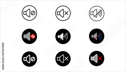 Speaker icon set. Volume, up, down, sound, ring, vibrate, silent, mute, media, notification, audio, music, logo, symbol, label, flat, black, line icons. Vector illustration
