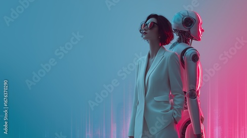 A humanoid robot AI agent and a human together as a team symbolizing agentic autonomy using future AGI superintelligence for teamwork and ASI collaboration during the singularity