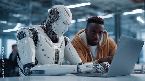 A humanoid robot AI agent and a human together as a team symbolizing agentic autonomy using future AGI superintelligence for teamwork and ASI collaboration during the singularity