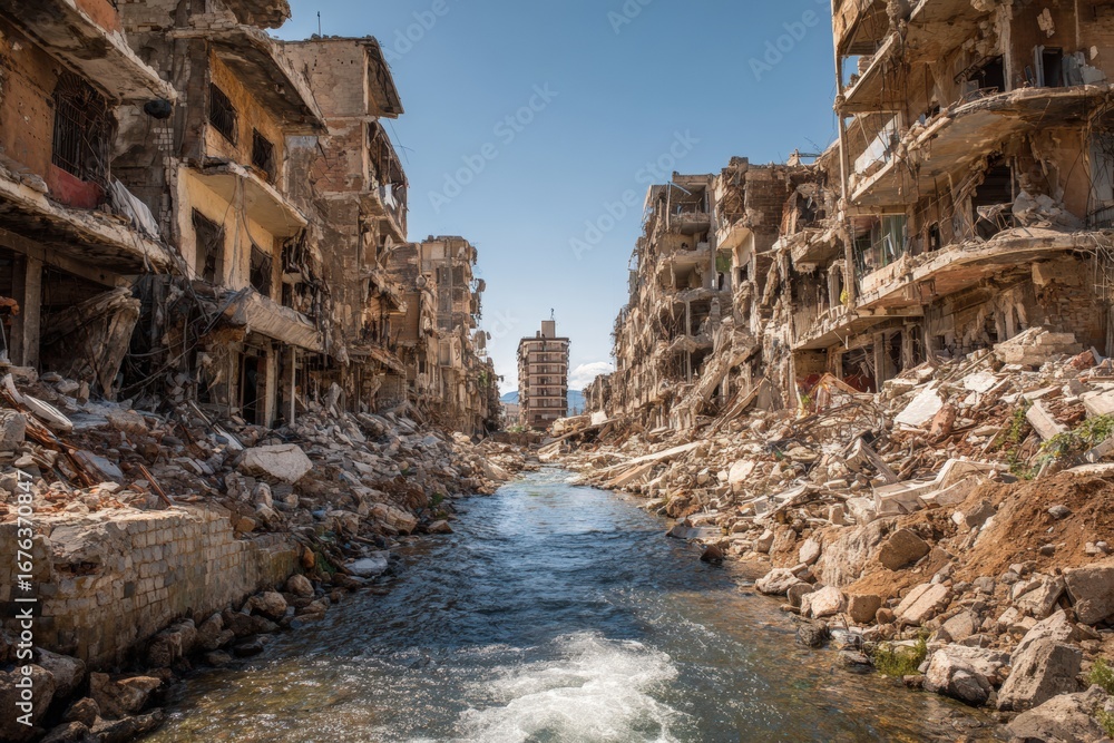 Fototapeta premium Ruined cityscape, ravaged by conflict