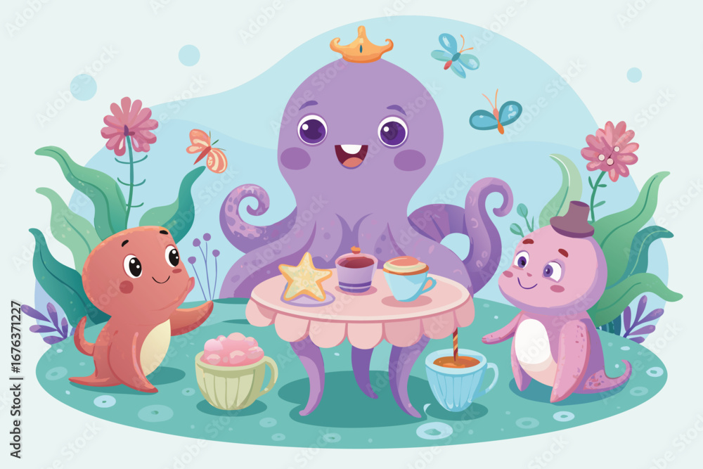 Naklejka premium Joyful undersea creatures share tea time amidst whimsical ocean flora and fluttering butterflies.