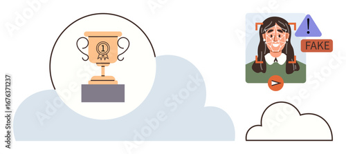 Trophy symbolizing success in contrast to deepfake alert on a profile image. Ideal for concepts of success, fraud, technology challenges, AI risks, credibility, ethics, safety in media. Simple flat