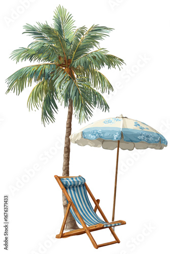 Tropical beach scene with palm tree, umbrella, and lounge chair