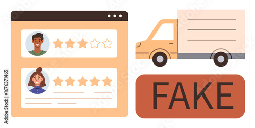 Customer review section with deceptive ratings, delivery truck highlighting fake services, and bold FAKE warning. Ideal for fraud prevention, consumer awareness, trust issues, online scams