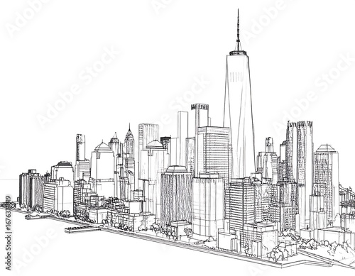 Fototapeta Naklejka Na Ścianę i Meble -  Linear sketch of a city skyline