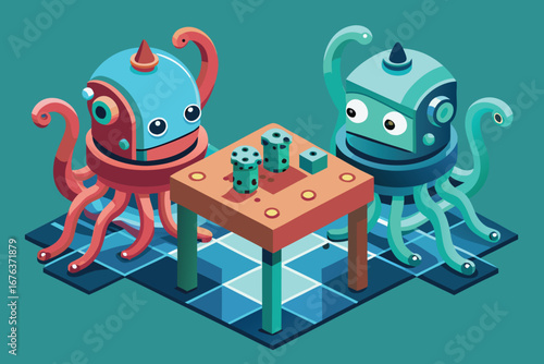 Whimsical robots playing a board game in a modern, stylized isometric scene