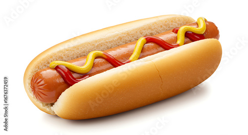 Classic American hot dog in a soft bun with zigzag drizzles of red ketchup and yellow mustard.