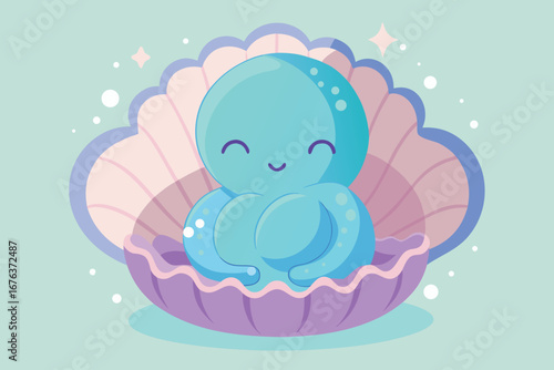 Adorable cartoon octopus nestled safely within a vibrant seashell, radiating joy and wonder