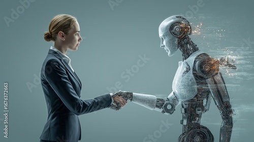 A humanoid robot AI agent and human handshake together as a team symbolizing agentic autonomy using future AGI superintelligence for teamwork and ASI collaboration during the singularity