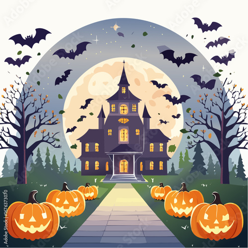 Festive Halloween night scene with a spooky haunted mansion, a pathway lined with glowing jack-o'-lanterns, and bats flying before a full moon