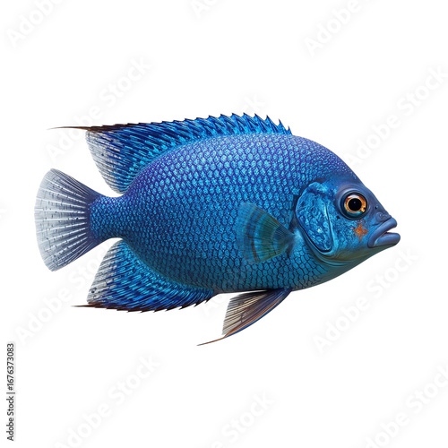 Radiant sapphire cichlid glides gracefully against a stark midnight backdrop aquarium life