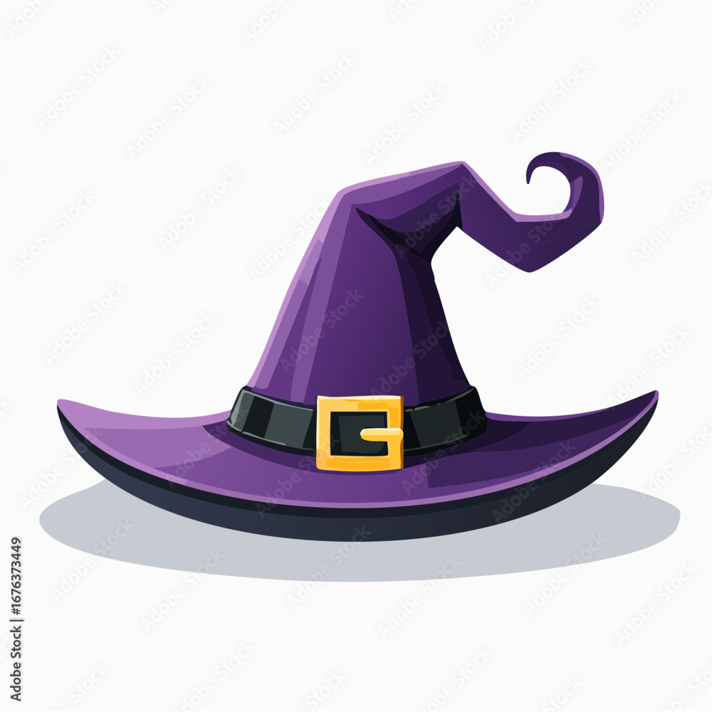 Naklejka premium Whimsical purple witch's hat illustration with a black band and gleaming golden buckle, perfect for enchanting Halloween designs, magical themes, festive celebrations, and captivating fantasy projects