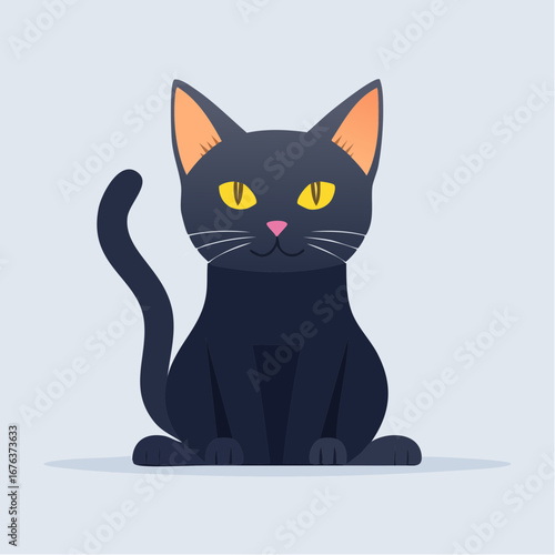 A charming black cat with striking yellow eyes sits peacefully in this simple flat vector illustration. Minimalist and clean cartoon character design isolated on a light background