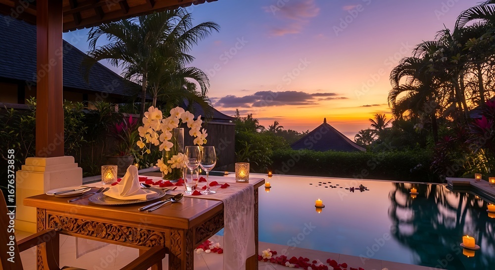 Fototapeta premium Intimate poolside dining experience during a vibrant tropical sunset