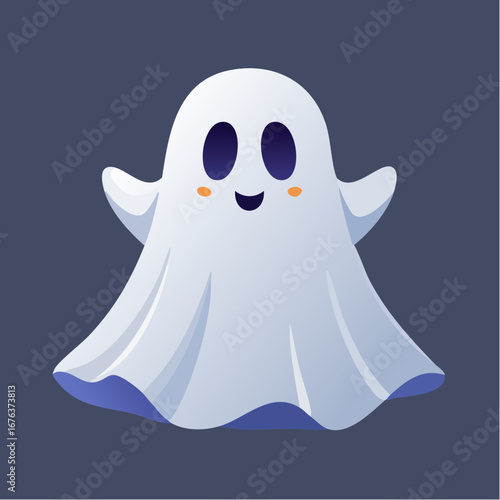 Adorable white spooky ghost character with a cheerful smile. Simple geometric flat vector illustration perfect for Halloween designs, icons, and mascots