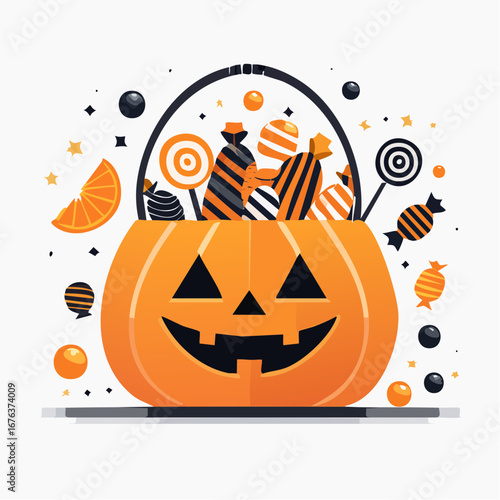 Vector illustration of a smiling Halloween pumpkin bucket filled with a variety of colorful sweets, candies, and lollipops on a white background