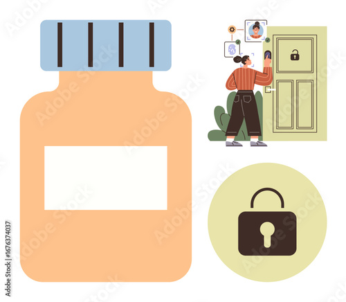 Large medicine bottle, person verifying identity on device near locked door, and secure lock icon signify safety, privacy, healthcare, digital security. Ideal for healthcare, pharmacy, safety