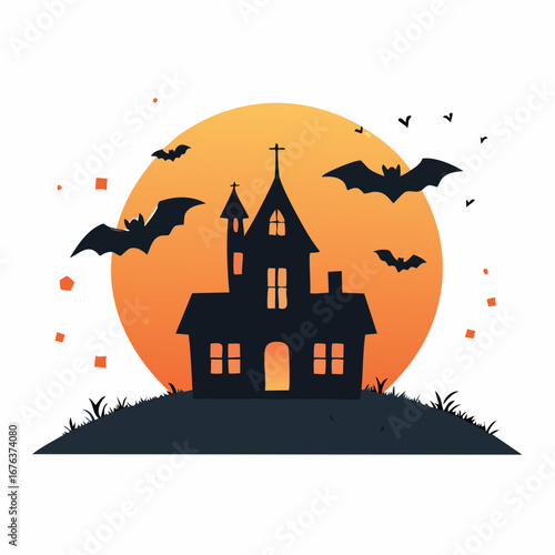 Spooky Halloween haunted house silhouette against a vibrant full moon with flying bats, perfect for festive decorations and frighteningly fun designs