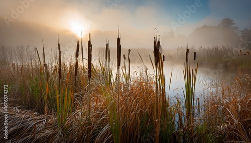 cattails swaying at the edge of a foggy marshland