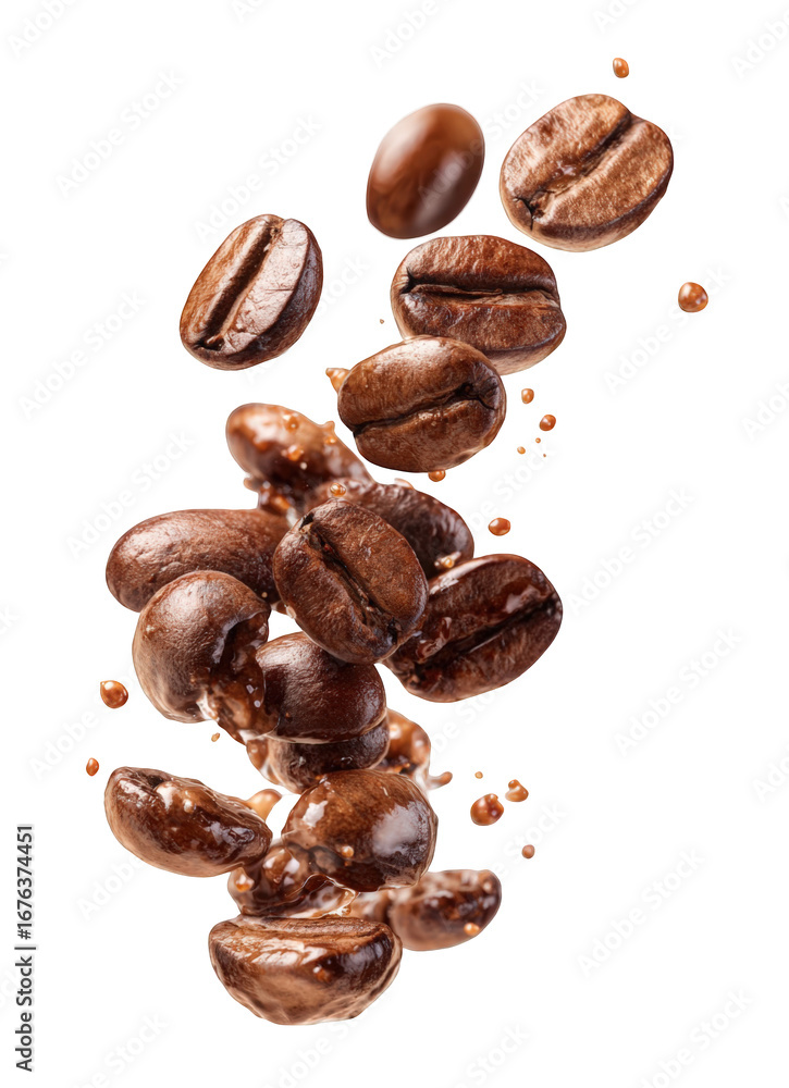 Obraz premium Coffee beans in mid-air, various angles