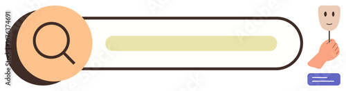 Magnifying glass over a search bar with a hand holding a mask to convey concepts thumbs up search, online privacy, anonymity, digital identity, disclosure, cybersecurity, and transparency. Ideal