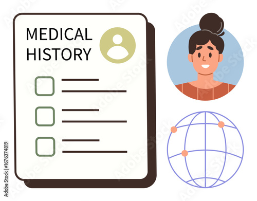 Patient medical history form, smiling woman portrait, interconnected globe highlighting healthcare access. Ideal for healthcare, telemedicine, data recording, patient profiles, communication