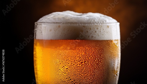 close up of beer foam in glass with condensation against a dark background for product photography