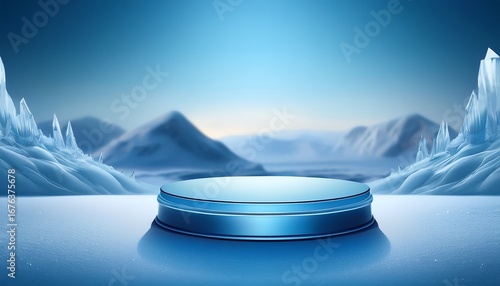 abstract blue ice background with a podium for product presentation the podium in the center of an icy landscape