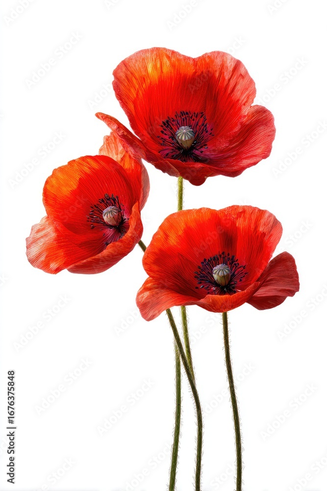 Obraz premium Three vibrant red poppies against a white background