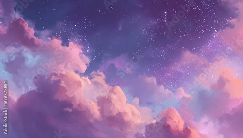 Pastel clouds, starry night sky