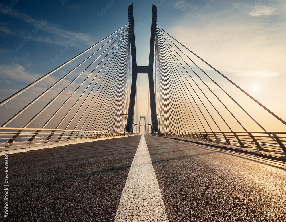Obraz premium a perspective view of a cable stayed bridge with a road leading to the horizon