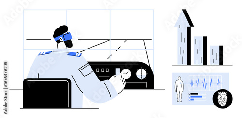 Pilot wearing VR headset adjusting flight controls, flight path view. Nearby panels display health data, rising bar chart. Ideal for aviation, simulation, innovation, health tech, growth trends