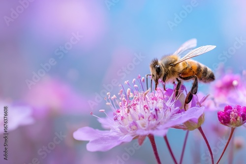 Honeybee on a vibrant pink flower, soft pastel background