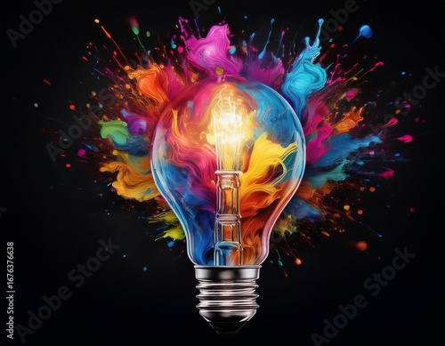 creative light bulb explodes with colorful paint sparks and splashes on a black background concept think differently creative idea concept motion color ink swirling