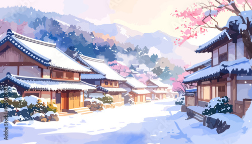 Snowy Japanese Village with Cherry Blossoms and Mountains.