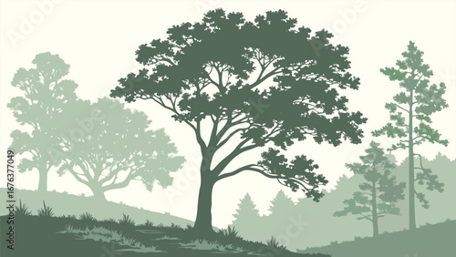 Forest fog vector scene, stacked translucent tree silhouettes with subtle grain overlay, vector layers, palette.