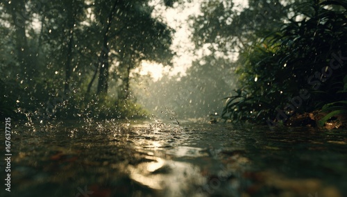 Forest stream in light rain