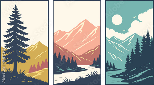 Alpine trio postcard set, dawn/noon/dusk vector variations with consistent palette, print-ready, palette.