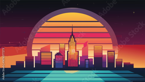 Urban skyline vector with retro sunburst and warm gradients, layered vectors for merch, palette.