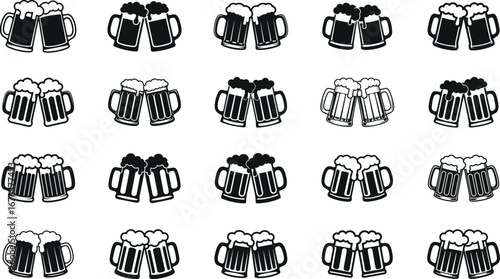 Beer Mugs Clinking Silhouette, Cheers Toast Icon for Party, Celebration and Oktoberfest Design, Christmas Celebration Design