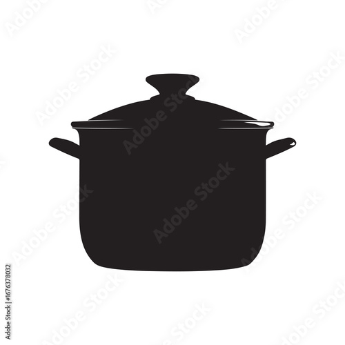 Black Silhouette of Cooking Pot with Lid and Handles on White