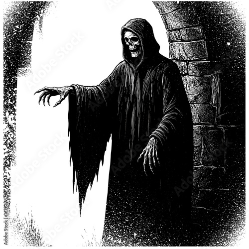 Grunge death in cloak – engraving sketch for Halloween posters, design element, vector illustration.