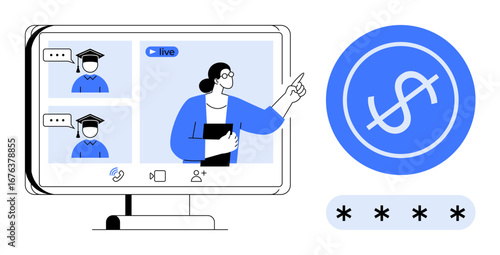 Virtual classroom on a monitor with teacher and students, secure payment, and authentication. Ideal for education, e-learning, security, finance, technology, remote work simple flat metaphor