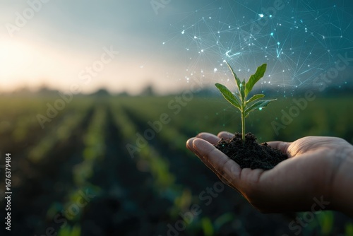 Hand holding seedling with digital network overlay in a field at sunrise