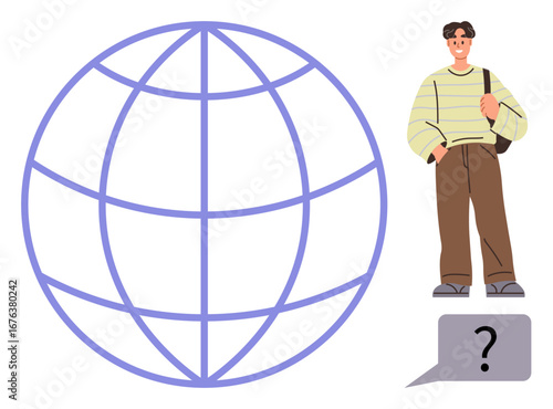 Man carrying a bag near a globe and question mark, representing global learning, exploration, curiosity, choices, travel, education, and modern communication. Ideal for simple flat metaphor