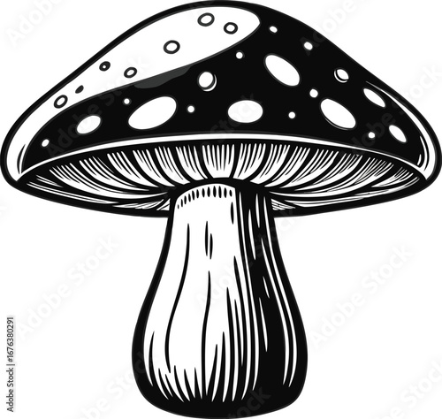Black and White Stylized Mushroom with Spots and Gills Illustration fungi toadstool EPS vector file download