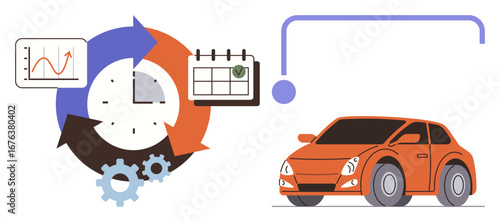Clock and cycles, charts, calendar, gears, and car highlight workflow, planning, goal setting, improvement strategies. Ideal for scheduling productivity automotive innovation workflows time